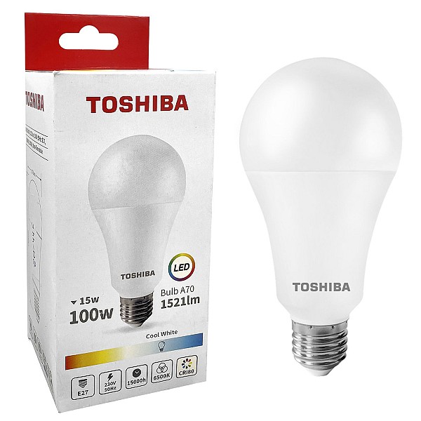 ΛΑΜΠΑ LED TOSHIBA ΓΙΑ ΝΤΟΥΙ E27 ΨΥΧΡΟ ΛΕΥΚΟ 230V N_STD A70 15W 6500K ΓΩΝΙΑ ΔΕΣΜΗΣ 180 ΜΟΙΡΕΣ