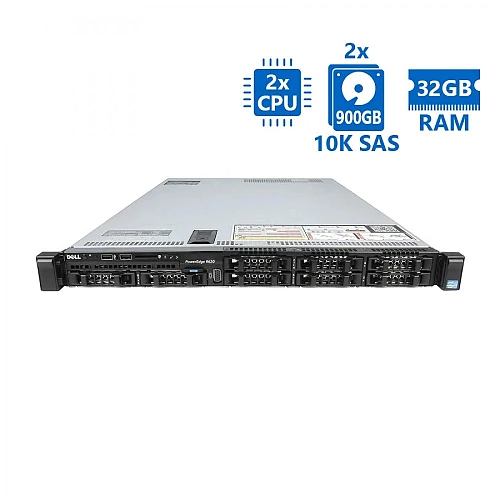 Refurbished Server Dell Poweredge R620 R1U 2xE5-2630v2/32GB DDR3/2x900GB SAS 10K/8xSFF/2xPSU/No ODD