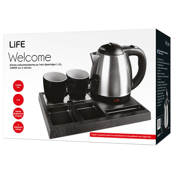 Δίσκος καλωσορίσματος LIFE Welcome με inox βραστήρα 1.2L, max. 1360W και 2 κούπες