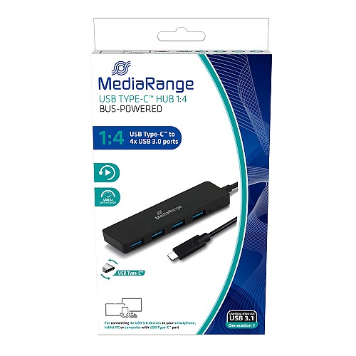 MediaRange USB Type-C™ to USB 3.0 hub 1:4, bus-powered, black  (MRCS508)