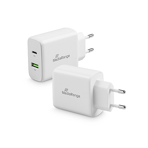 MediaRange 43W fast charger with USB-A and USB-C output, white (MRMA113)