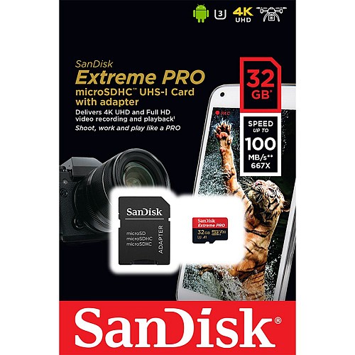 Sandisk Memory 32GB Extreme PRO microSDHC UHS-I Card with adapter (SDSQXCG-032G-GN6MA) (SANSDSQXCG-032G-GN6MA)