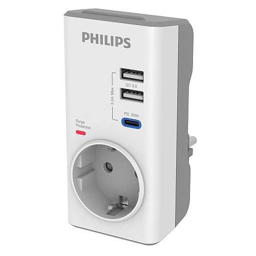 Philips Μονόπριζο Aσφαλείας USB-C/USB-A Λευκό (CHP8010W/GRS) (PHICHP8010WGRS)