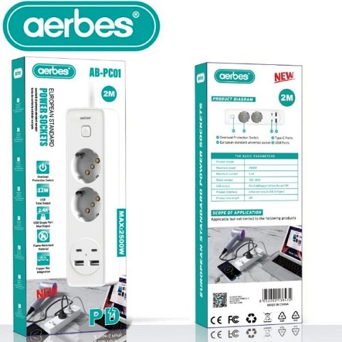 Πολύπριζο ρεύματος με 2 πρίζες σούκω, 2USB, 2 Type-C, 2500W λευκό AB-PC01 AERBES Aerbes