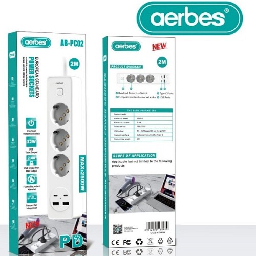 Πολύπριζο ρεύματος με 3 πρίζες σούκω, 2USB, 2 Type-C, 2500W λευκό AB-PC02 AERBES Aerbes