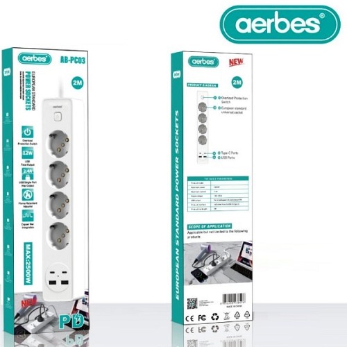 Πολύπριζο ρεύματος με 4 πρίζες σούκω, 2USB, 2 Type-C, 2500W λευκό AB-PC03 AERBES Aerbes