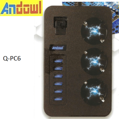 Πολύπριζο με 6 θύρες USB και 3 υποδοχές σούκο Q-PC6 ANDOWL Andowl
