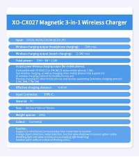 XO CX027 Κινητό /Apple Watch/ TWS 3-σε-1 Ασύρματος φορτιστής 15W