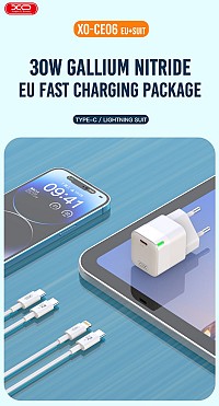 XO CE06 PD 30W GaN Γρήγορος Φορτιστής με λαμπάκι και Lightning Καλώδιο
