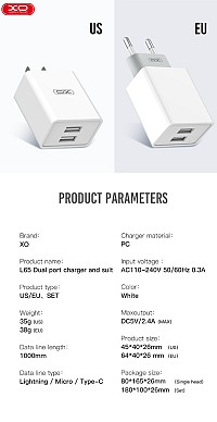 XO L65EU 2.4A Διπλής Θύρας USB Φορτιστής for Type-C