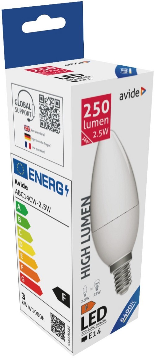 Avide LED Κερί 2.5W E14 Ψυχρό 6400K Υψηλής Φωτεινότητας