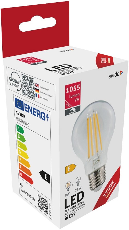 Avide LED Filament Κοινή  9W E27 360° Θερμό 2700K Υψηλής Φωτεινότητας Ντιμαριζόμενο