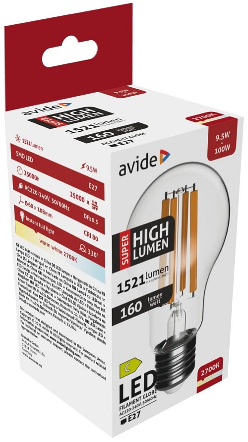 Avide LED Filament Κοινή 9.5W E27 A60 Θερμό 2700K Super Υψηλής Φωτεινότητας