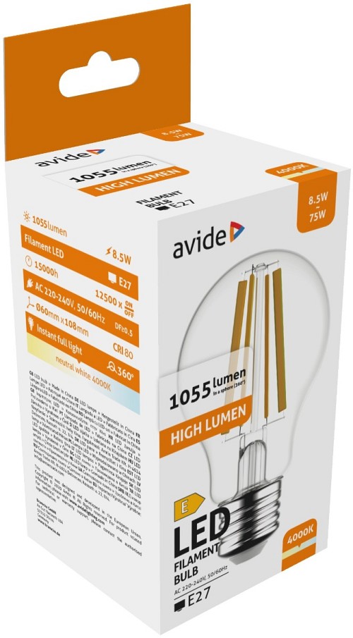 Avide LED Filament Κοινή  8.5W E27 Λευκό 4000K Υψηλής Φωτεινότητας