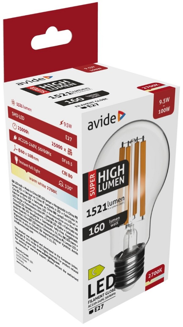 Avide LED Filament Κοινή 9.5W E27 A60 Θερμό 2700K Super Υψηλής Φωτεινότητας