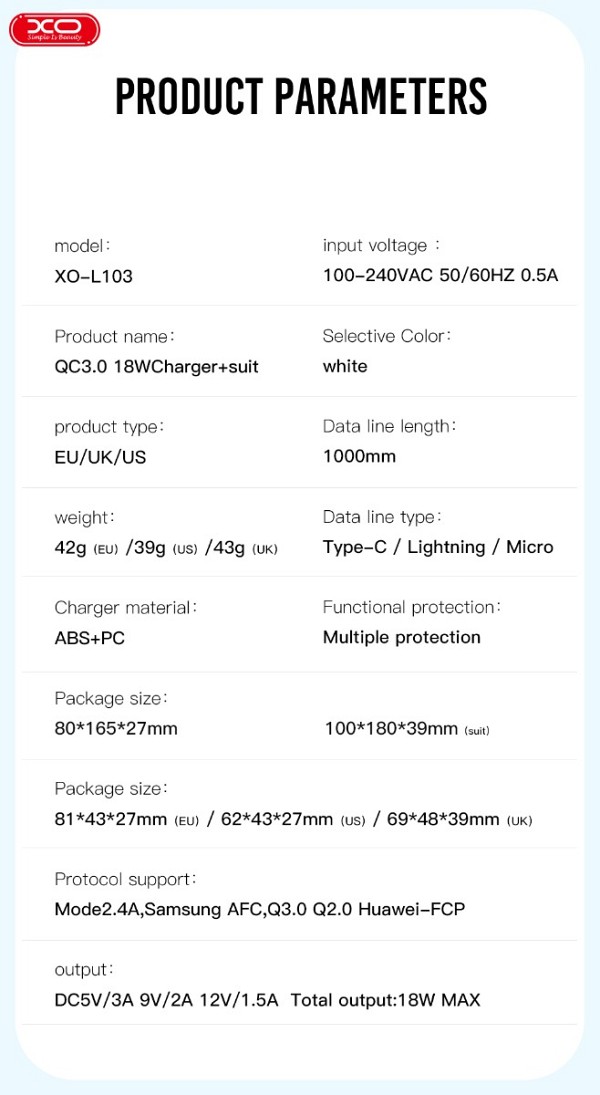 XO L103 (UK) QC3.0 18W Φορτιστής με Καλώδιο TYPE-C (NB103)
