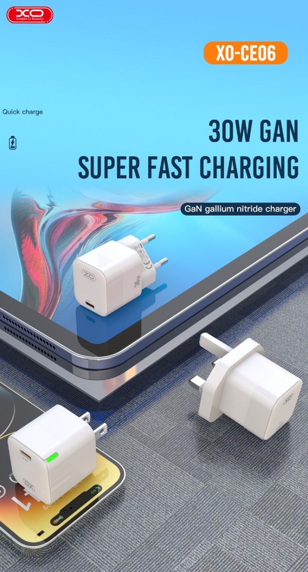 XO CE06 PD 30W GaN Γρήγορος Φορτιστής με λαμπάκι και Lightning Καλώδιο