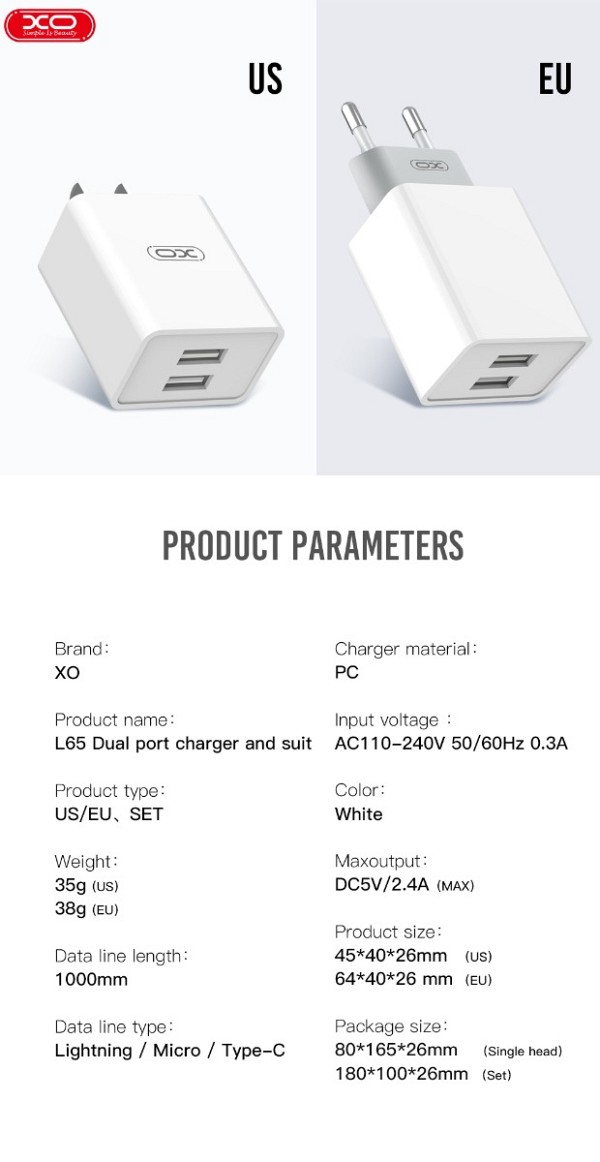 XO L65EU 2.4A Διπλής Θύρας USB Φορτιστής για Lightning