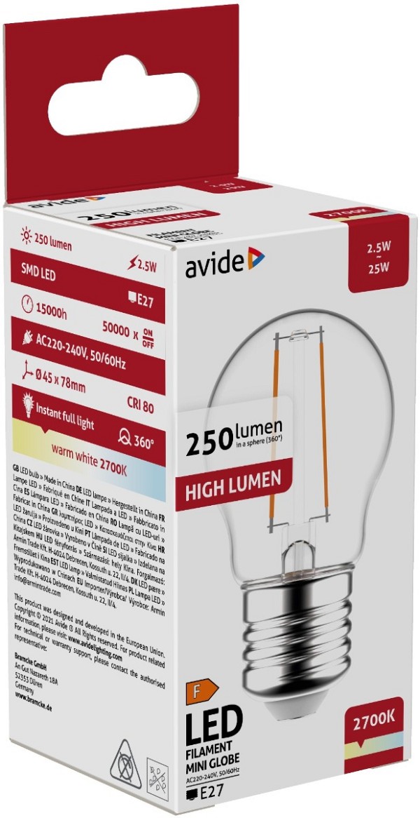Avide LED Filament Στρογγυλή 2.5W E27 Θερμό 2700K