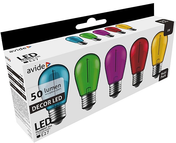 Avide LED Διακοσμητική Λάμπα Filament 1W  E27 (5τμχ) (Πράσινο/Μπλέ/Κίτρινο/Κόκκινο/Μώβ)