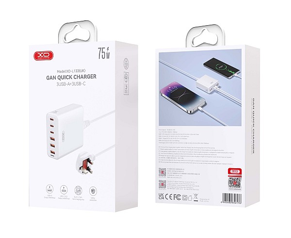XO L133(EU) 75W GaN 3A+3C Desktop Fast Charger with 1.5M Power Cord