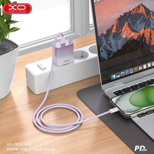 XO CE18 Φορτιστής Γρήγορης Φόρτισης EU 30W USB-C Με Type-C Καλώδιο (NB260) Μωβ