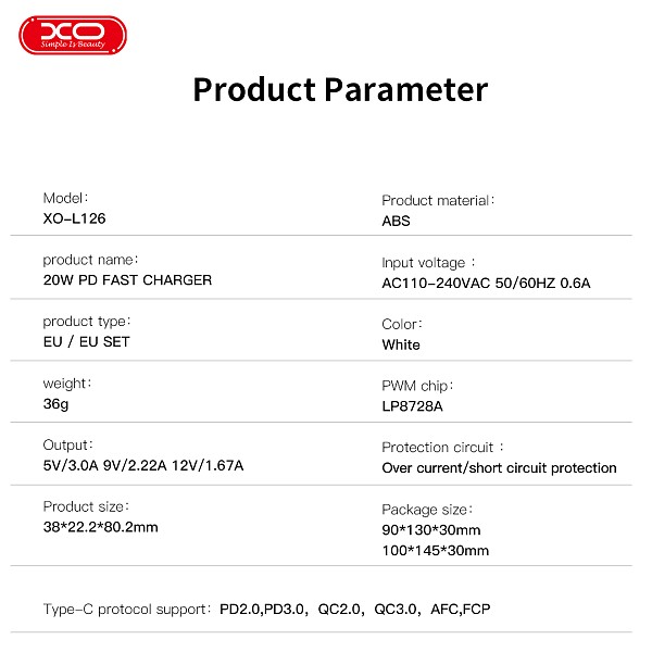 XO L126 USB-C PD20W Fast Charging Charger with Lightning cable(NB-Q189A)