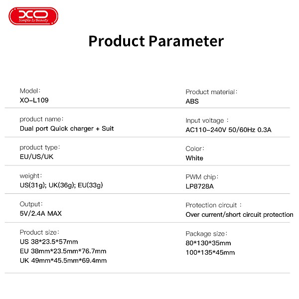XO L109 (UK) Dual USB-A 2.4A Charger with Micro cable