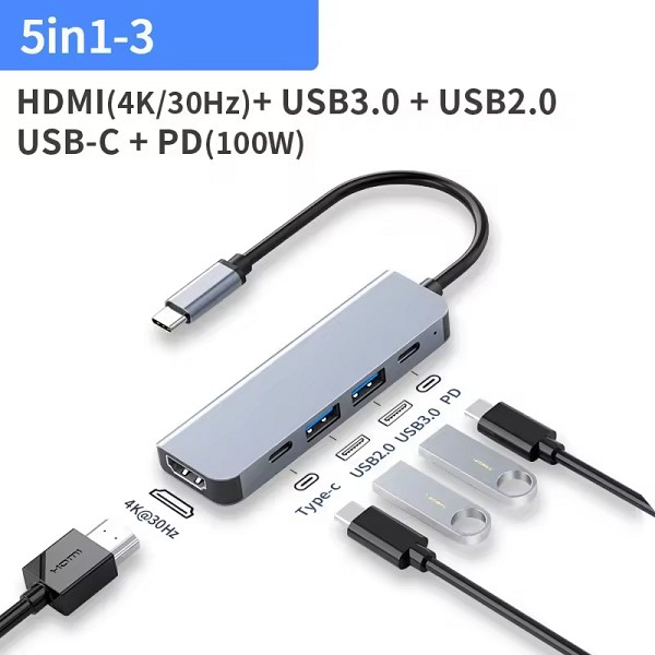 Μετατροπέας 5in1 PD 100W Type-C HDTV USB2.0/3.0 4K 30HZ