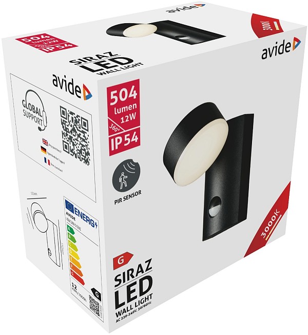 Avide Εξωτερικό Φωτιστικό Τοίχου Siraz LED 12W με motion Αισθητήρας Κίνησης Θερμό 3000K IP54