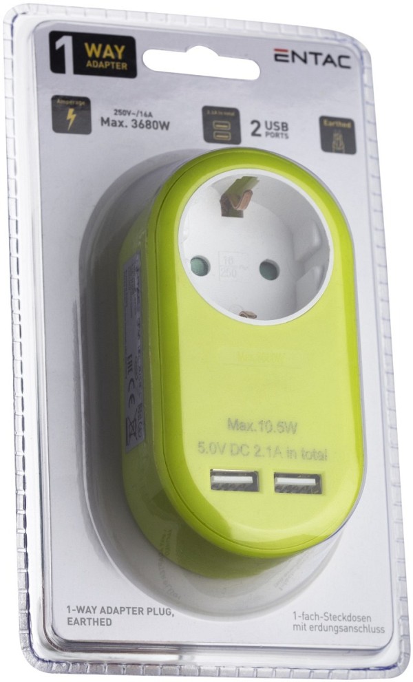 Entac Πρίζα Σούκο με 2 Θύρες USB  (total 2.1A) Λάιμ