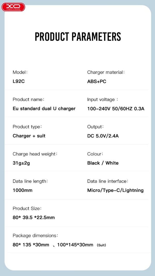 XO L92C EU Διπλός 2.4A Φορτιστής με Καλώδιο Lightning