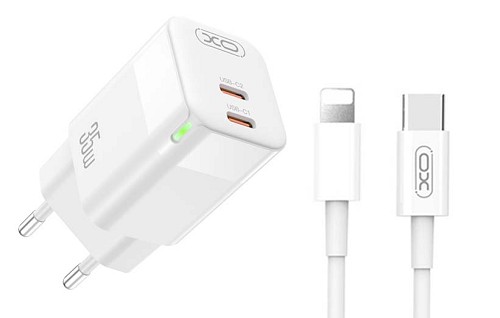 XO CE07 (EU) Διπλός Φορτιστής PD GaN με Καλώδιο Lightning