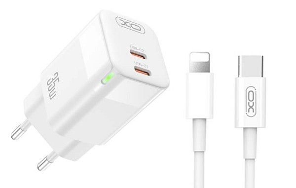 XO CE07 (EU) Διπλός Φορτιστής PD GaN με Καλώδιο Lightning