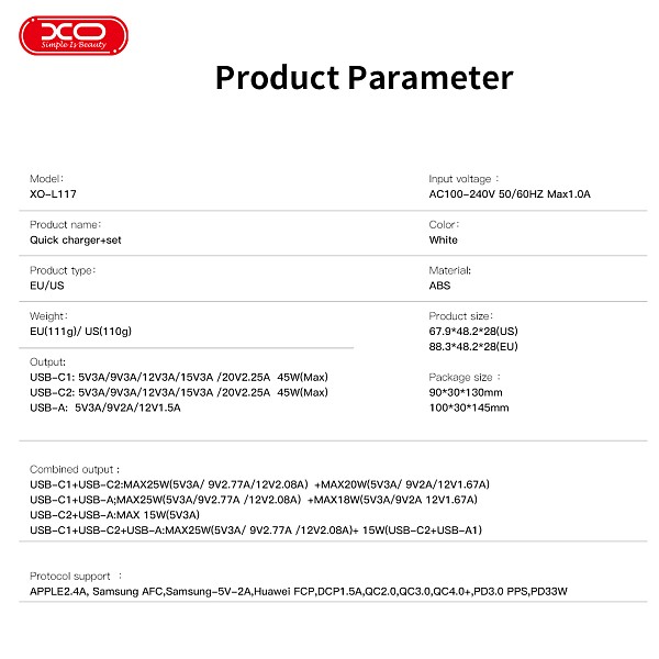 XO L117 (EU) PD/QC (2USB-C+1USB-A) Φορτιστής Γρήγορης Φόρτισης
