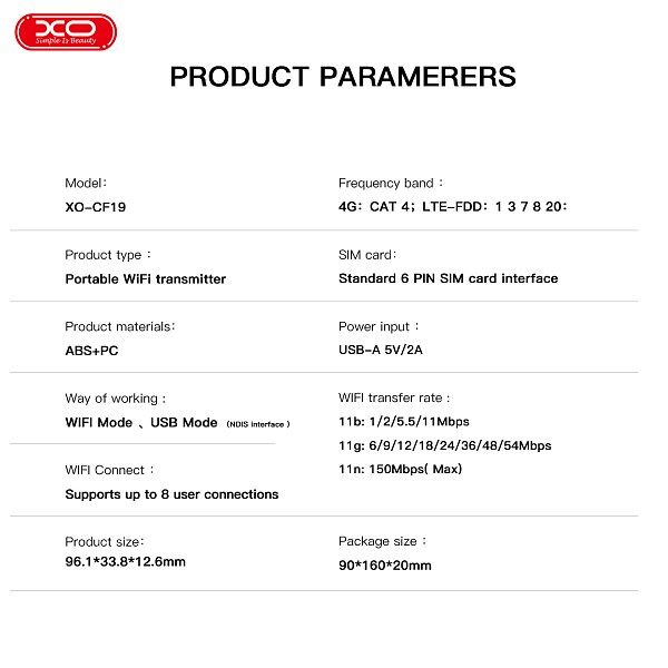 XO CF19 Φορητός Πομπός WiFi (χωρίς κάρτα 4G)