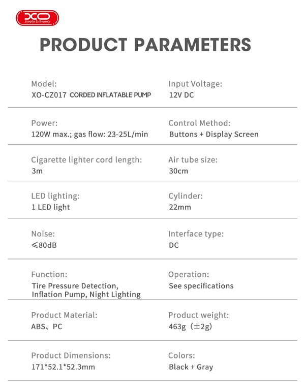 XO CZ017 Smart Ενσύρματη Αντλία Φουσκώματος 22 Κυλίνδρων