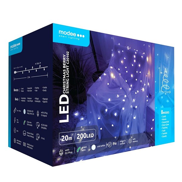 Modee Χριστουγεννιάτικα Λαμπάκια LED Τυπού Berry με Βύσμα (200LED/20m/10cm) Ψυχρό Λευκό