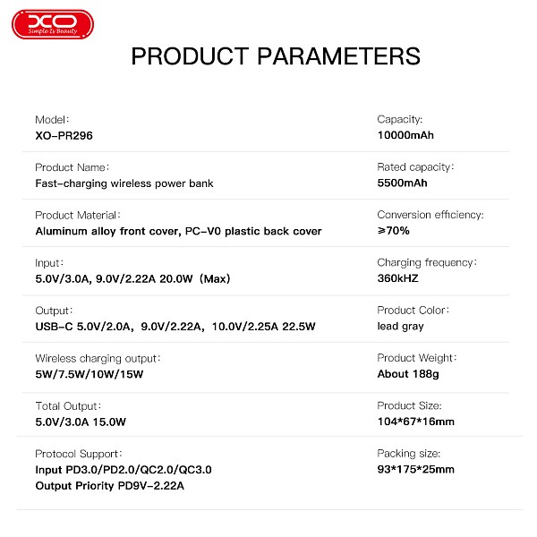 XO PR296 Powerbank Ταχείας Φόρτισης Μεταλικό με Μαγνήτη 10.000mAh Γκρι