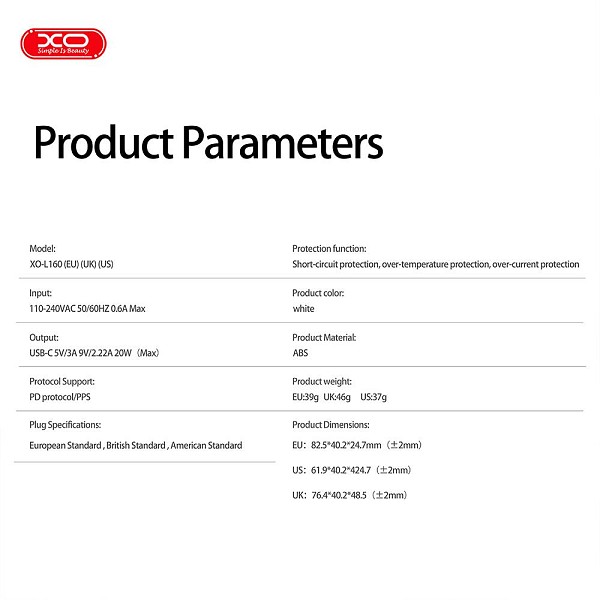 XO L160(UK) Φορτιστής Γρήγορης Φόρτισης 20W 1USB-C