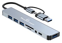 POWERTECH USB hub PTR-0151 με card reader, 8 θυρών, USB & USB-C, γκρι PTR-0151
