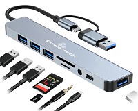 POWERTECH USB hub PTR-0151 με card reader, 8 θυρών, USB & USB-C, γκρι PTR-0151