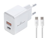 POWERTECH φορτιστής τοίχου PT-1248, καλώδιο, USB/USB-C, 20W, GaN, λευκός PT-1248
