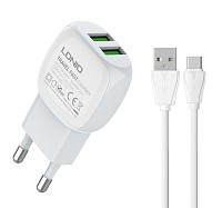LDNIO φορτιστής τοίχου A2218 με καλώδιο USB-C, 2x USB, 12W, λευκός 6933138691120