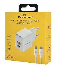 POWERTECH φορτιστής τοίχου PT-1248, καλώδιο, USB/USB-C, 20W, GaN, λευκός PT-1248