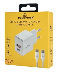 POWERTECH φορτιστής τοίχου PT-1249, καλώδιο, USB/USB-C, 30W, GaN, λευκός PT-1249