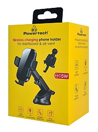 POWERTECH ασύρματος φορτιστής & βάση αυτοκινήτου PT-1271, 15W, μαύρος PT-1271