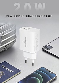 POWERTECH φορτιστής τοίχου PT-1040, USB & USB-C, PD QC3.0, 20W, λευκός PT-1040