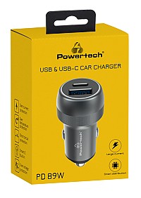 POWERTECH φορτιστής αυτοκινήτου PT-1148, USB & USB-C, 89W PD & QC, γκρι PT-1148