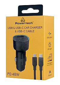 POWERTECH φορτιστής αυτοκινήτου PT-1230, καλώδιο, USB/USB-C, 48W, μαύρος PT-1230